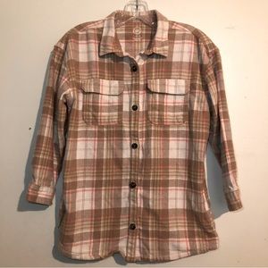 Girls Tan, Pink, & White Plaid Top by Wonder Nation, girls size L(10-12)